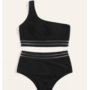 Mesh Panel One Shoulder High Waist Bikini Set